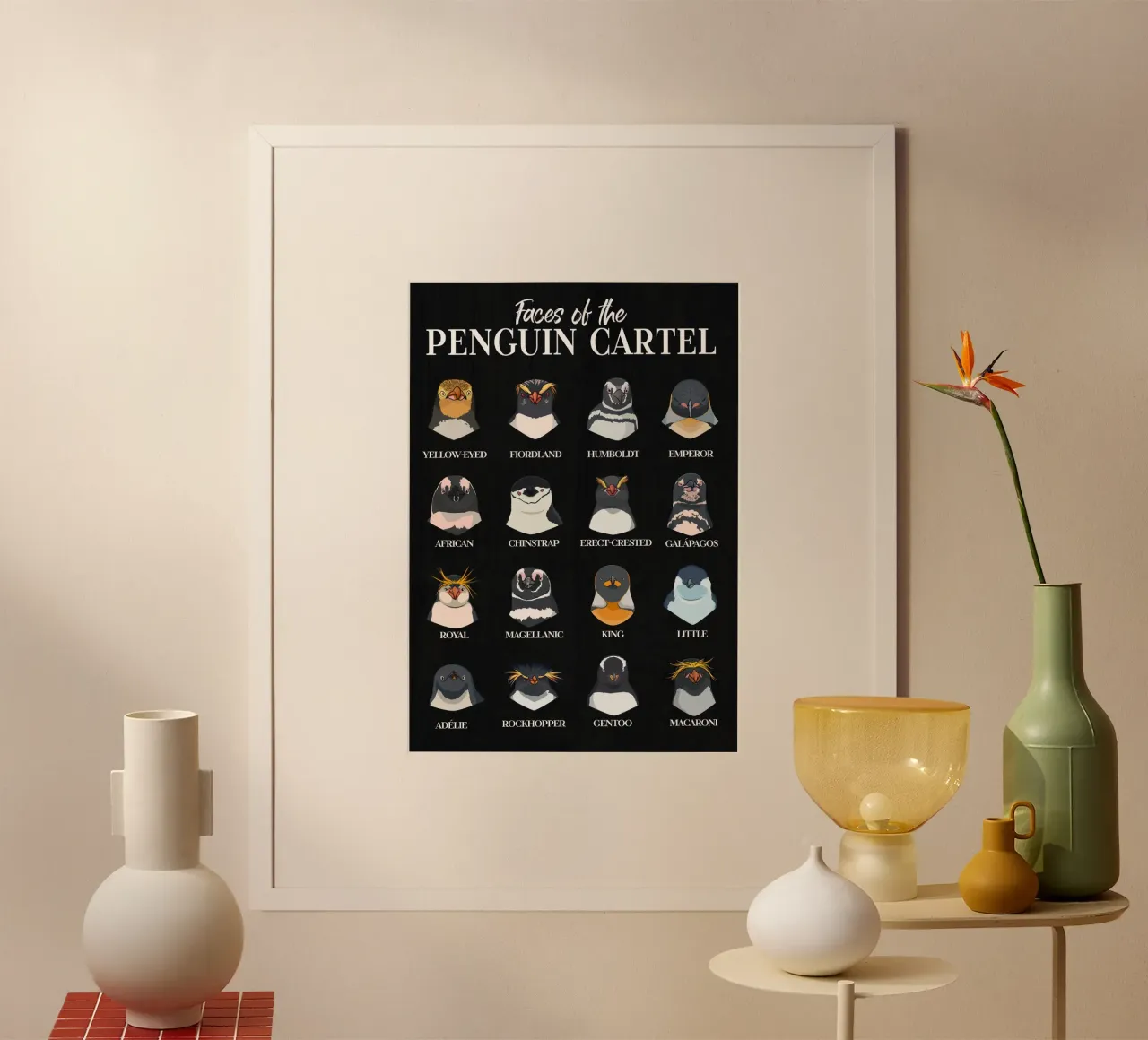 I volti del cartello dei pinguini - Tutte le specie in sintesi poster con telaio in legno da pixelbull - medieval art and more