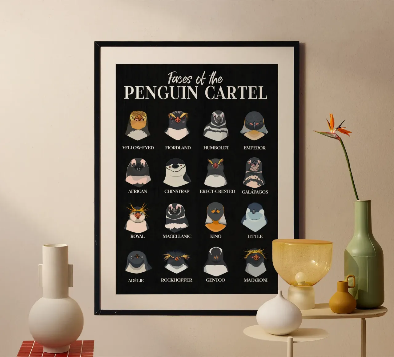 I volti del cartello dei pinguini - Tutte le specie in sintesi poster con telaio in legno da pixelbull - medieval art and more