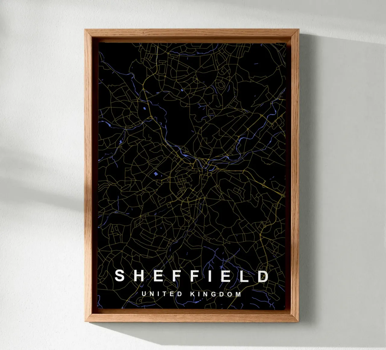 Mappa della città di Sheffield Regno Unito nero e oro tela con Cornice a cassetta da Cartographers Library