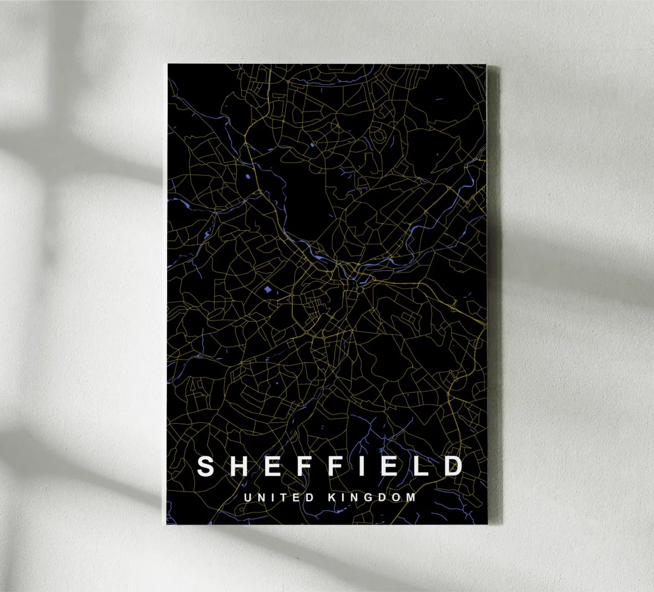 Mappa della città di Sheffield Regno Unito nero e oro tela con Cornice a cassetta da Cartographers Library