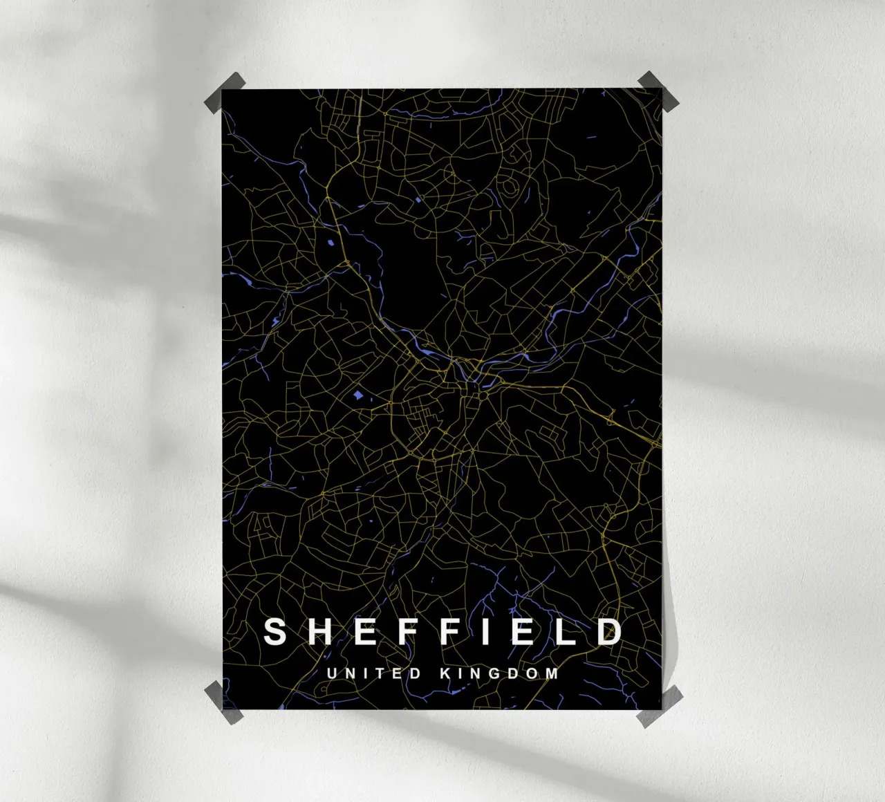 Mappa della città di Sheffield Regno Unito nero e oro poster da Cartographers Library