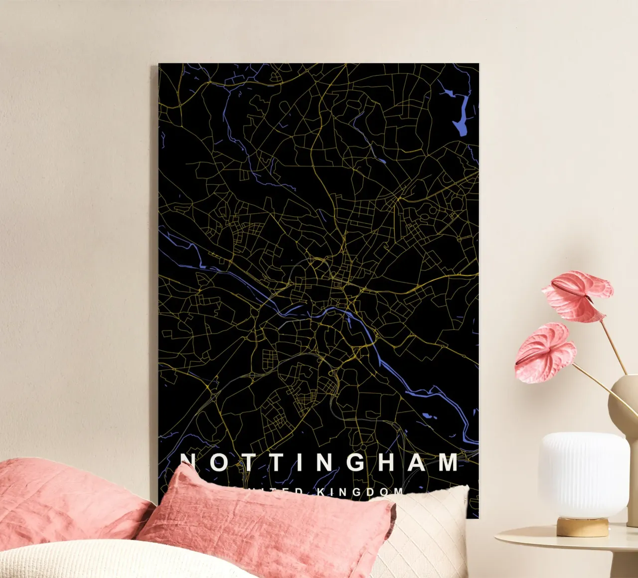 Mappa della città di Nottingham Regno Unito nero e oro plexiglass da Cartographers Library