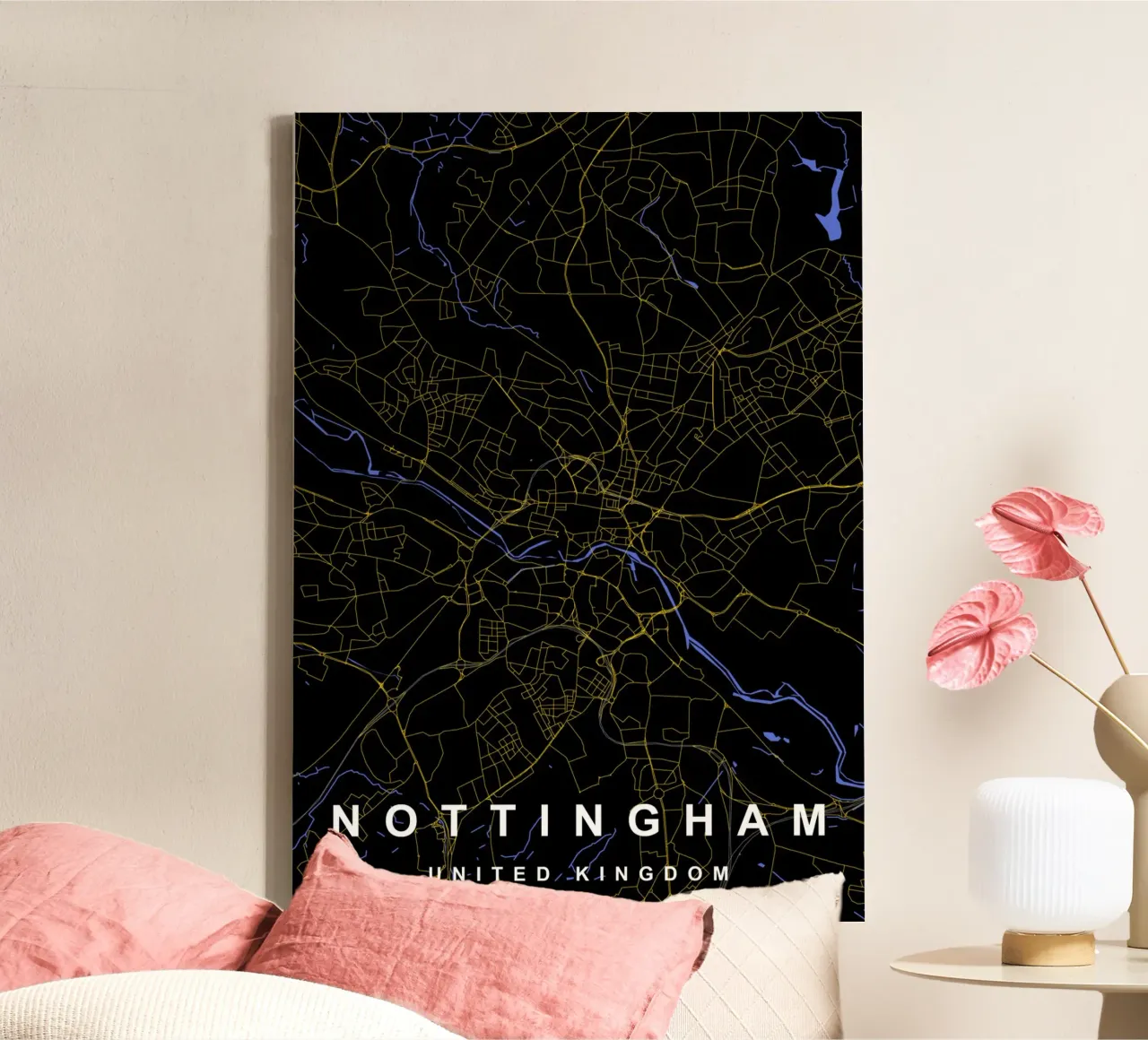Mappa della città di Nottingham Regno Unito nero e oro tela con Cornice a cassetta da Cartographers Library