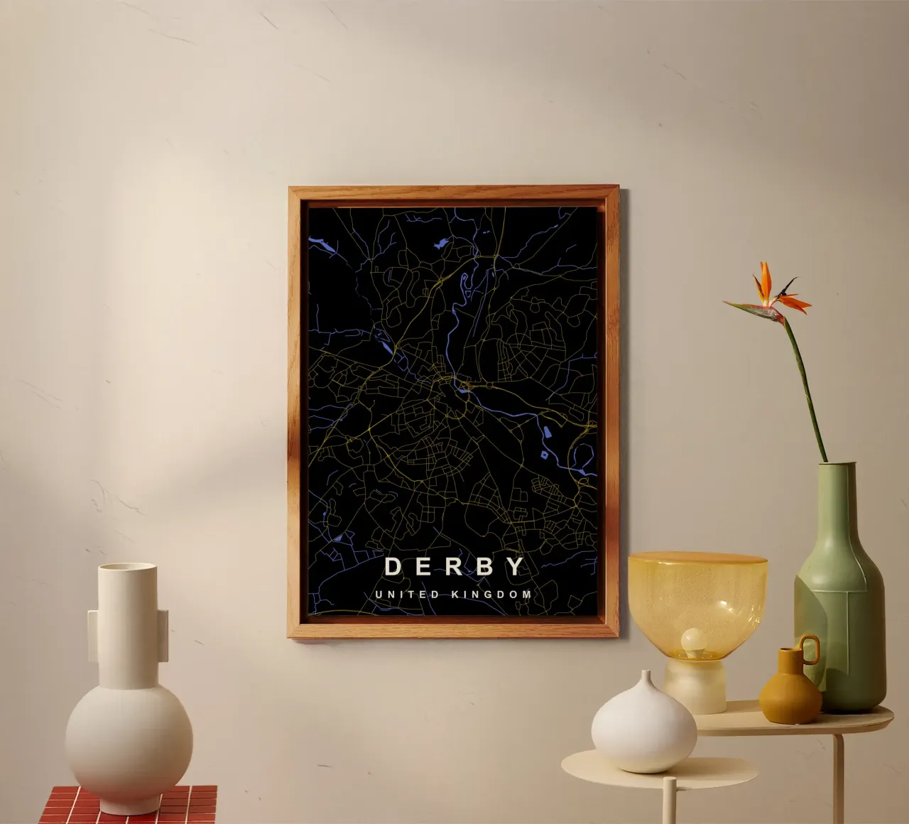 Mappa della città di Derby Regno Unito nero e oro alluminio dibond da Cartographers Library