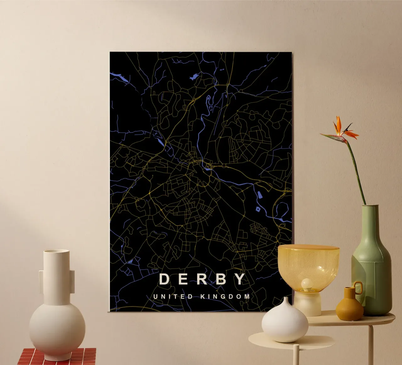 Mappa della città di Derby Regno Unito nero e oro alluminio dibond da Cartographers Library