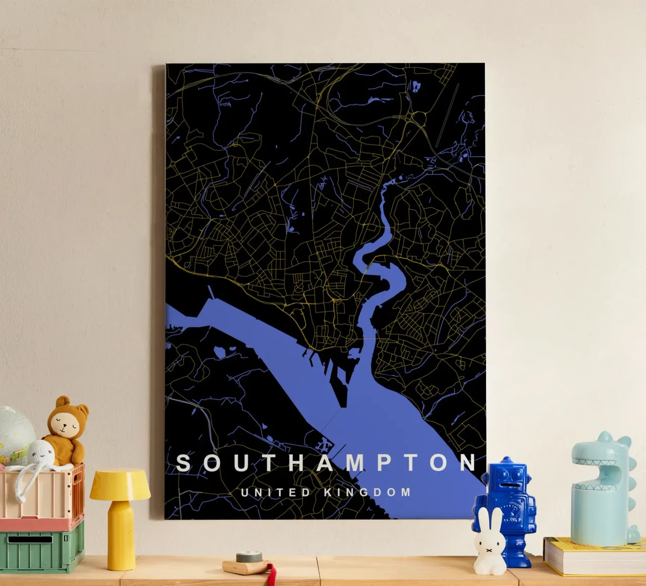 Southampton Mappa della città del Regno Unito nero e oro tela con Cornice a cassetta da Cartographers Library