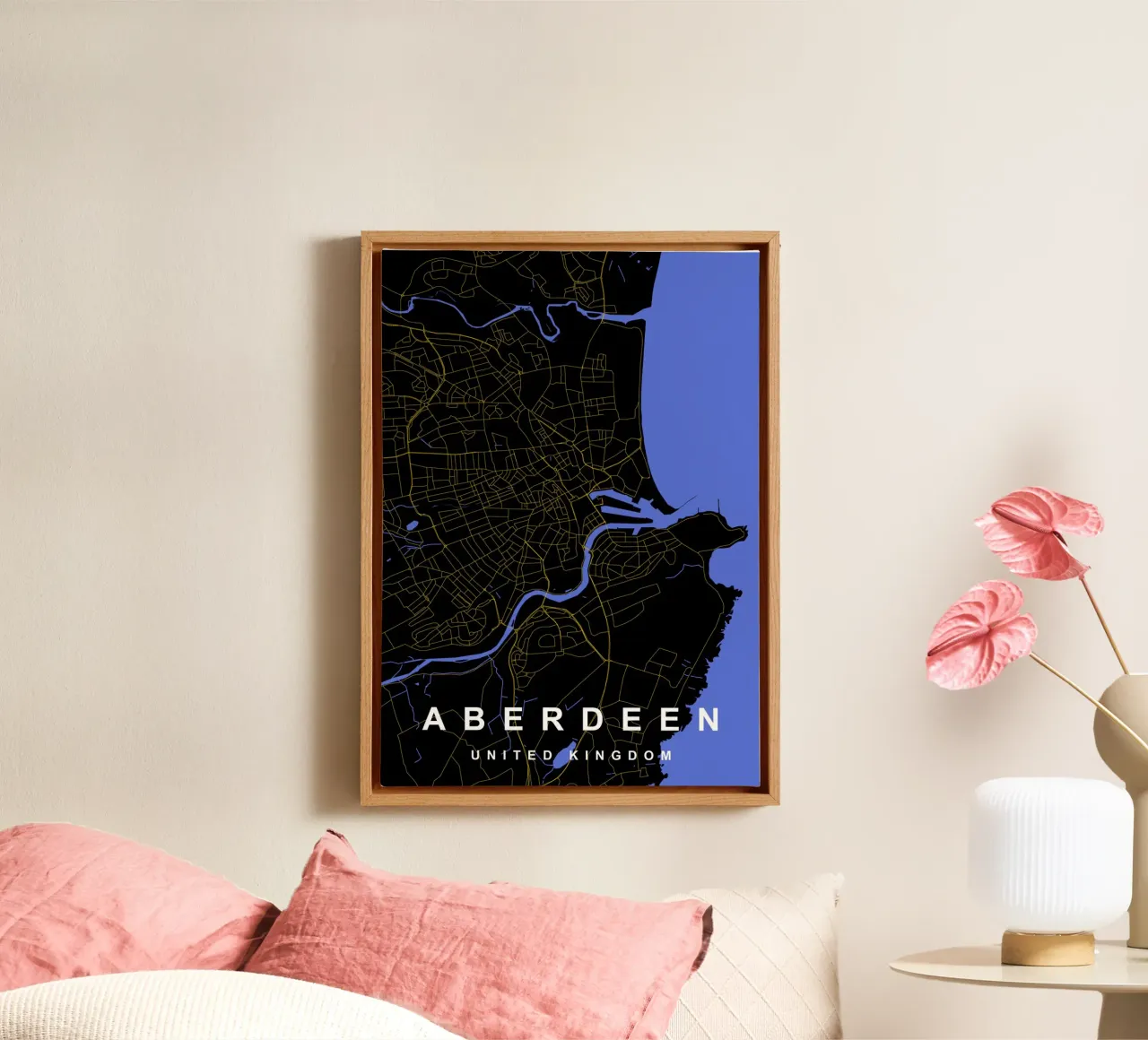 Mappa della città di Aberdeen, Regno Unito, nero e oro tela con Cornice a cassetta da Cartographers Library