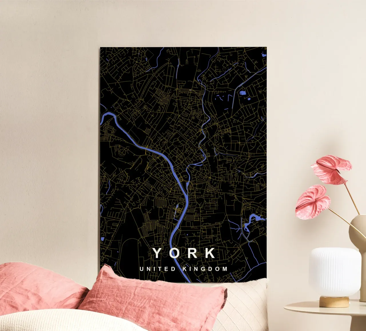 Mappa della città di York Regno Unito nero e oro alluminio dibond da Cartographers Library