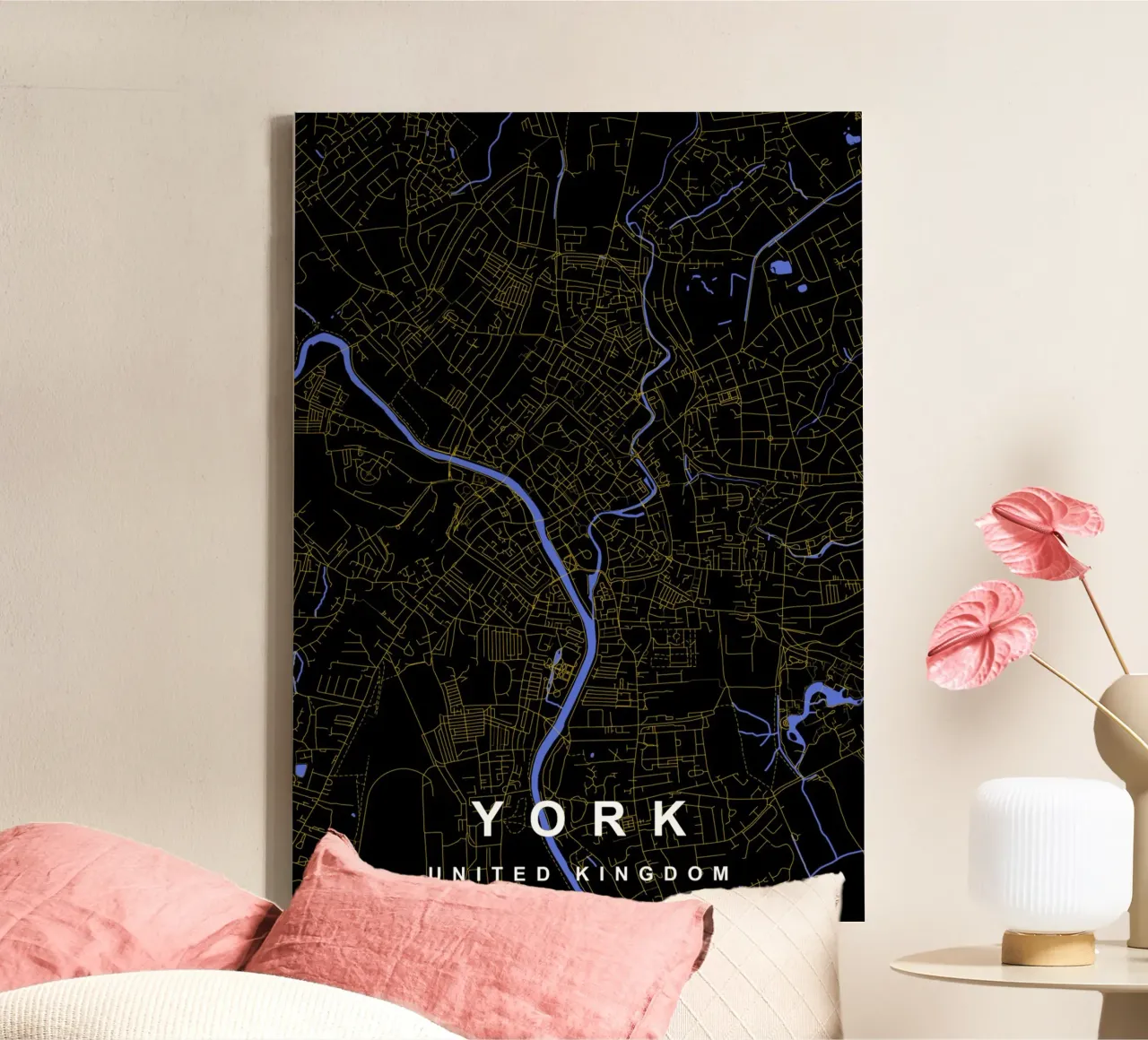 Mappa della città di York Regno Unito nero e oro tela con Cornice a cassetta da Cartographers Library