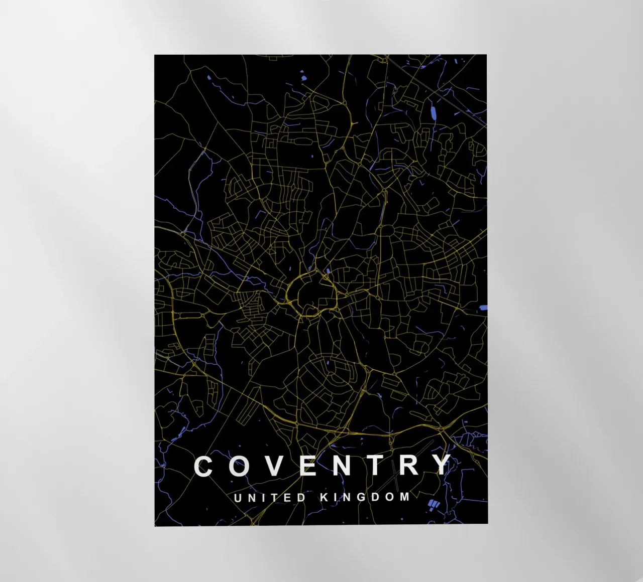 Mappa della città di Coventry Regno Unito nero e oro pellicola backlit da Cartographers Library