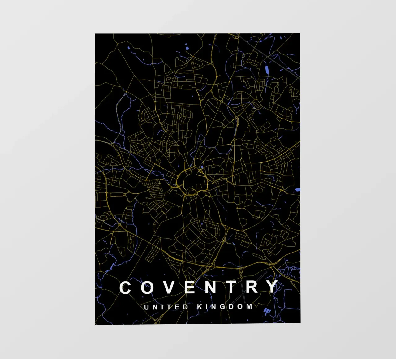 Mappa della città di Coventry Regno Unito nero e oro pellicola backlit da Cartographers Library