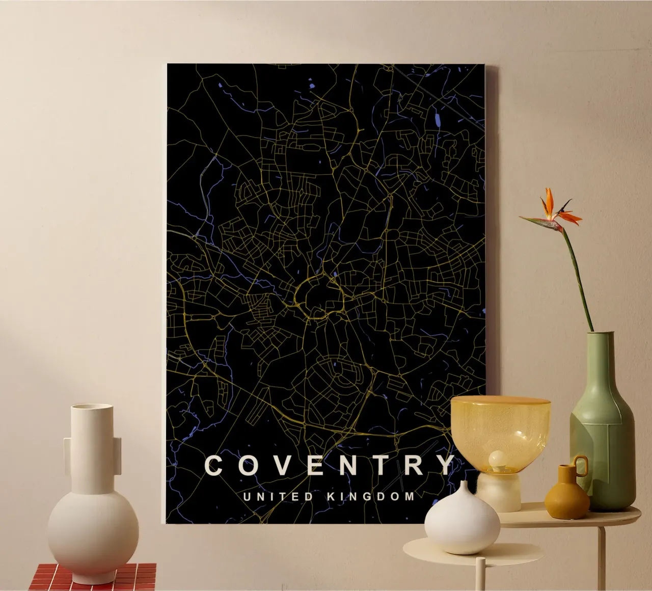 Mappa della città di Coventry Regno Unito nero e oro tela con Cornice a cassetta da Cartographers Library