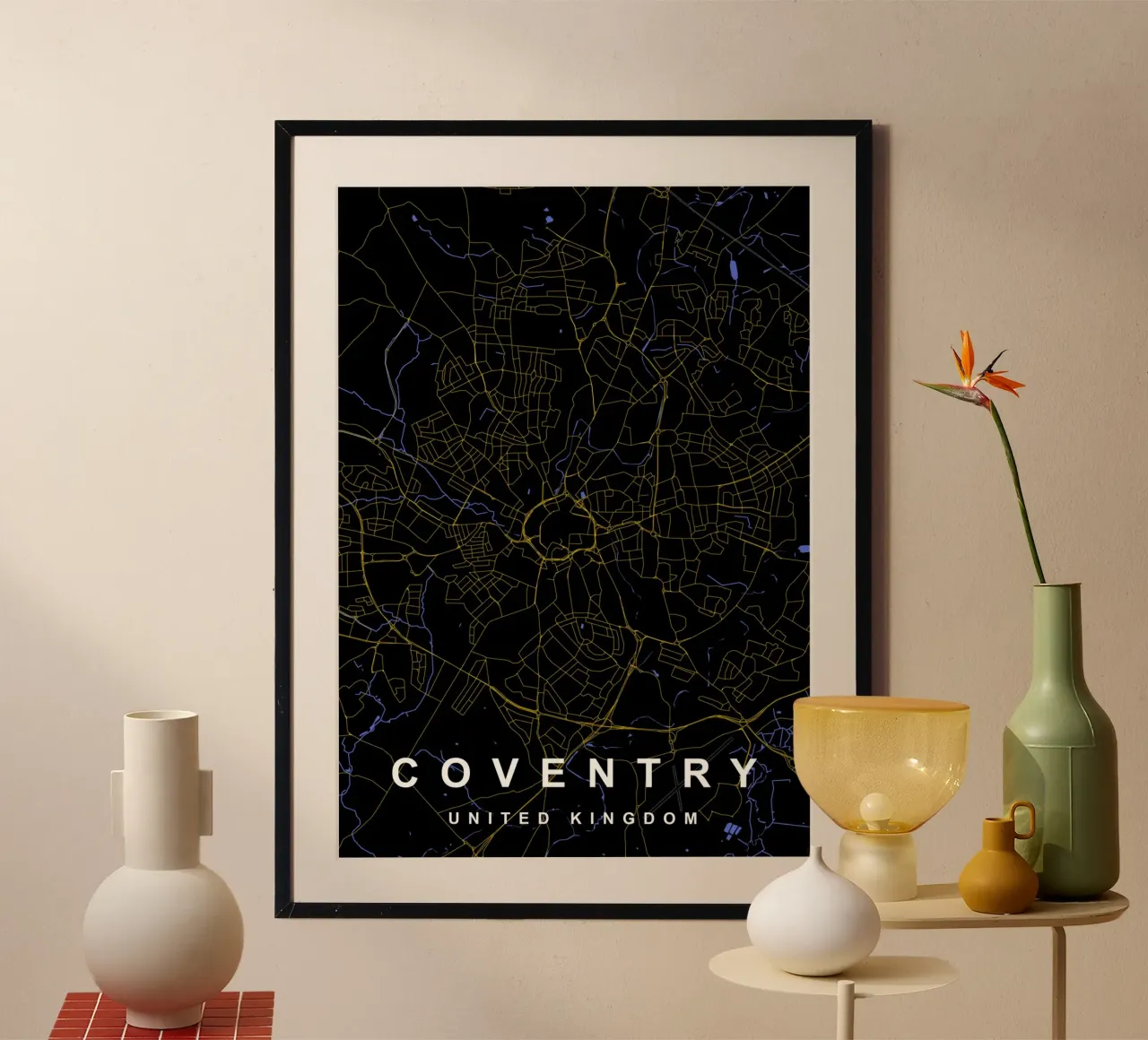 Mappa della città di Coventry Regno Unito nero e oro carta hahnemühle da Cartographers Library