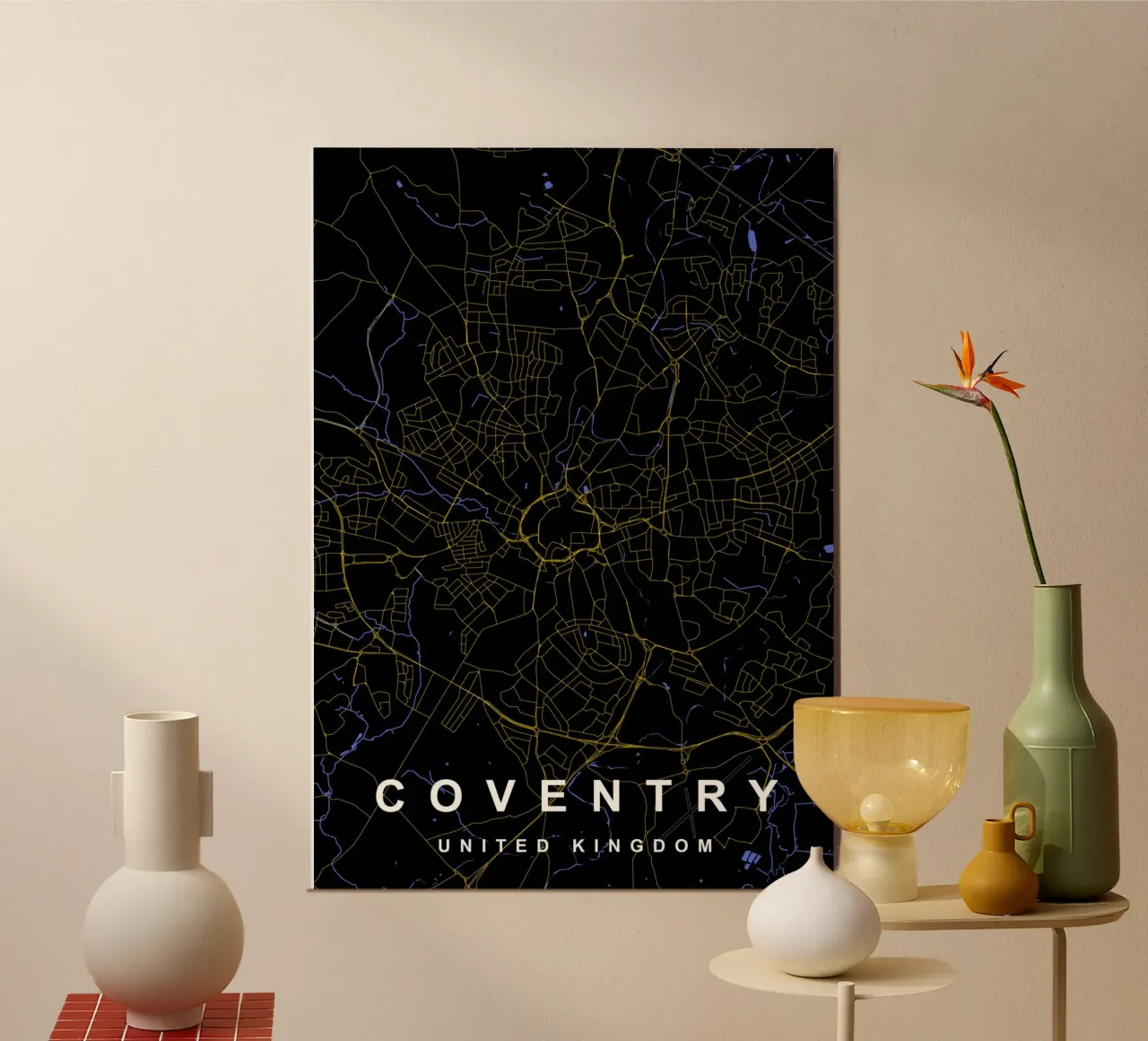Mappa della città di Coventry Regno Unito nero e oro carta hahnemühle da Cartographers Library