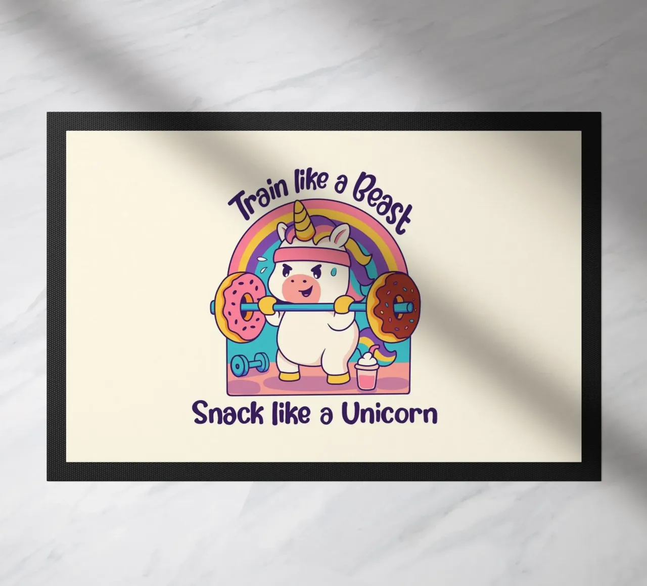 Train lile a Beast, snack like a Unicorn doormat by Loobs