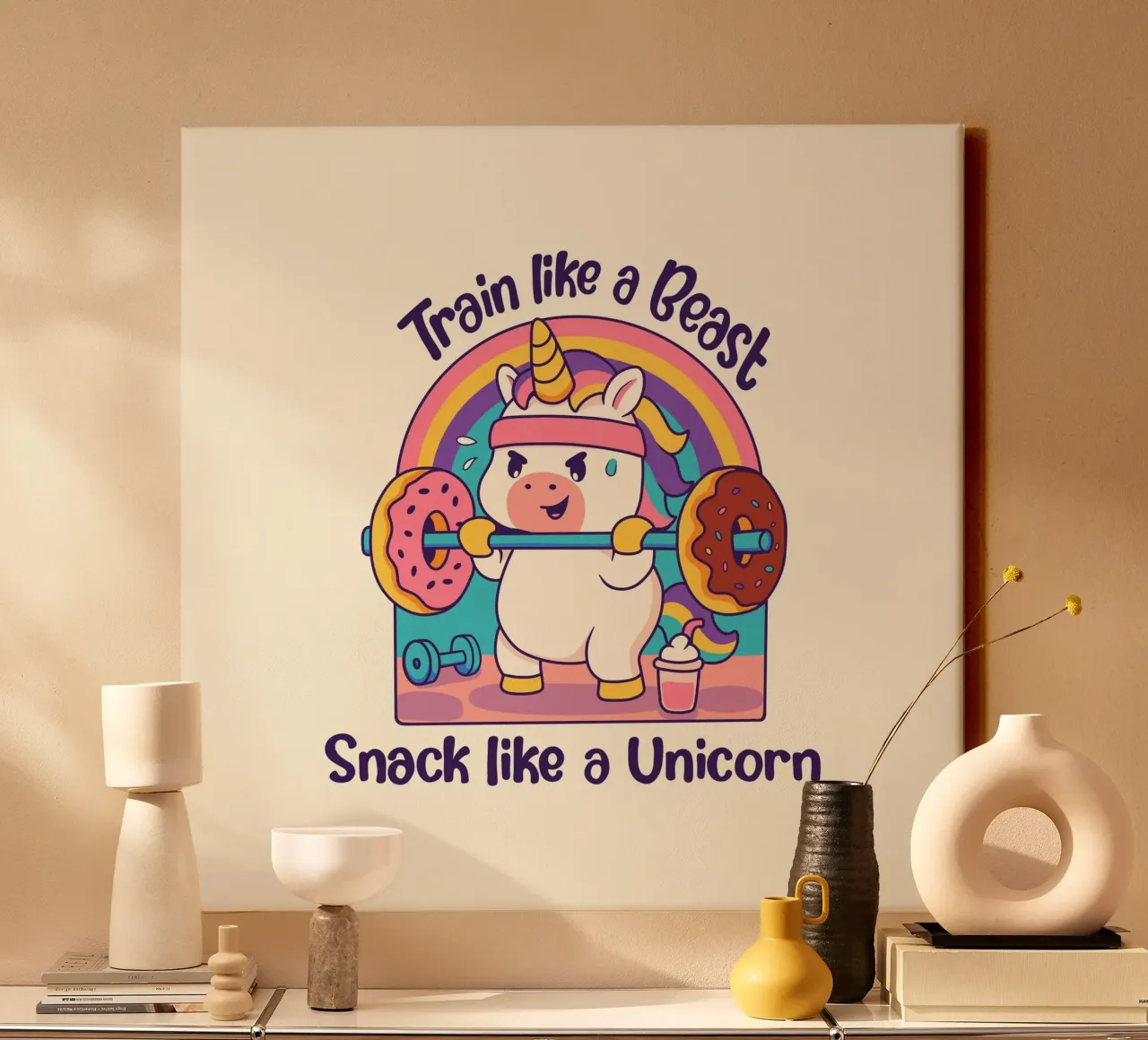 Train lile a Beast, snack like a Unicorn canvas by Loobs