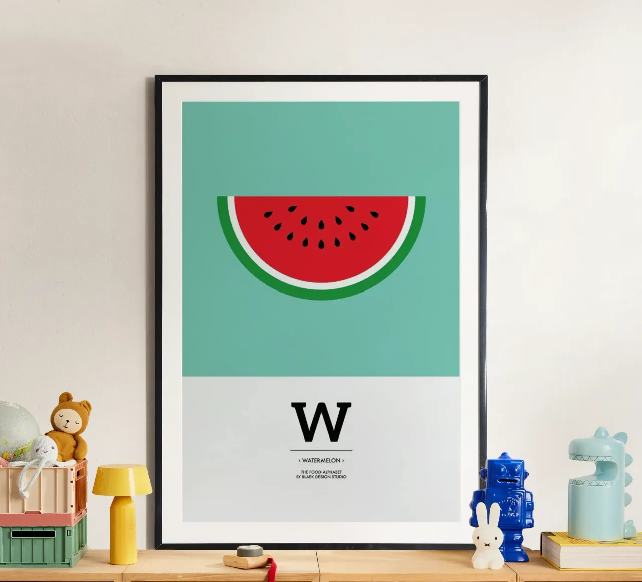 „The Food Alphabet“ - W like Watermelon poster con telaio in plastica da BLAEK Design Studio