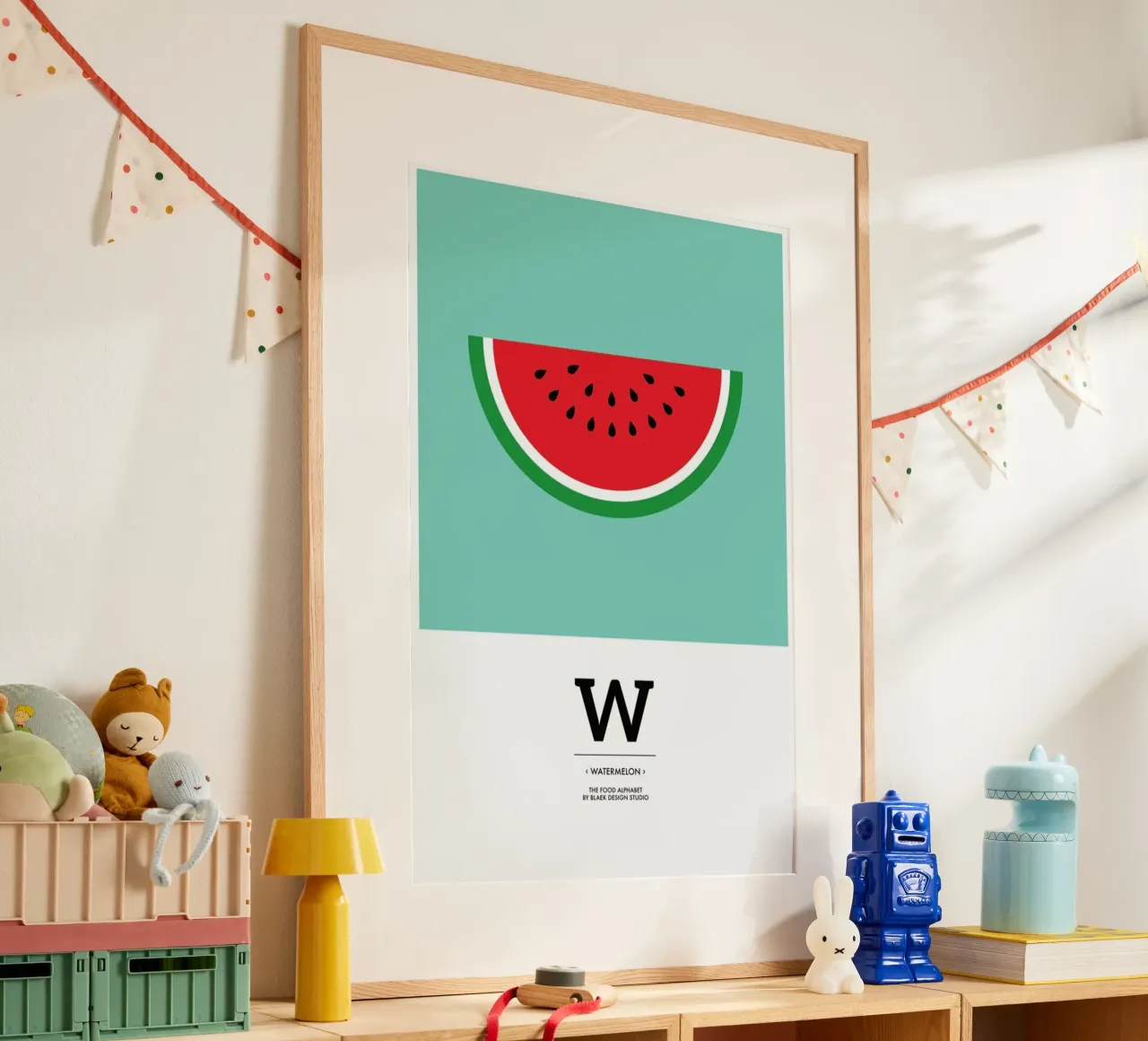 „The Food Alphabet“ - W like Watermelon poster con telaio in plastica da BLAEK Design Studio