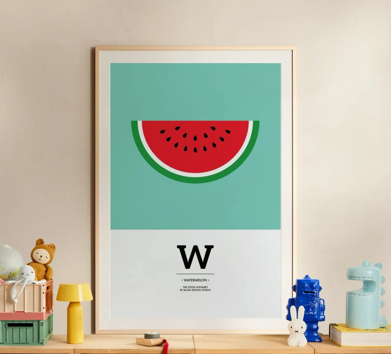 „The Food Alphabet“ - W like Watermelon poster con telaio in plastica da BLAEK Design Studio