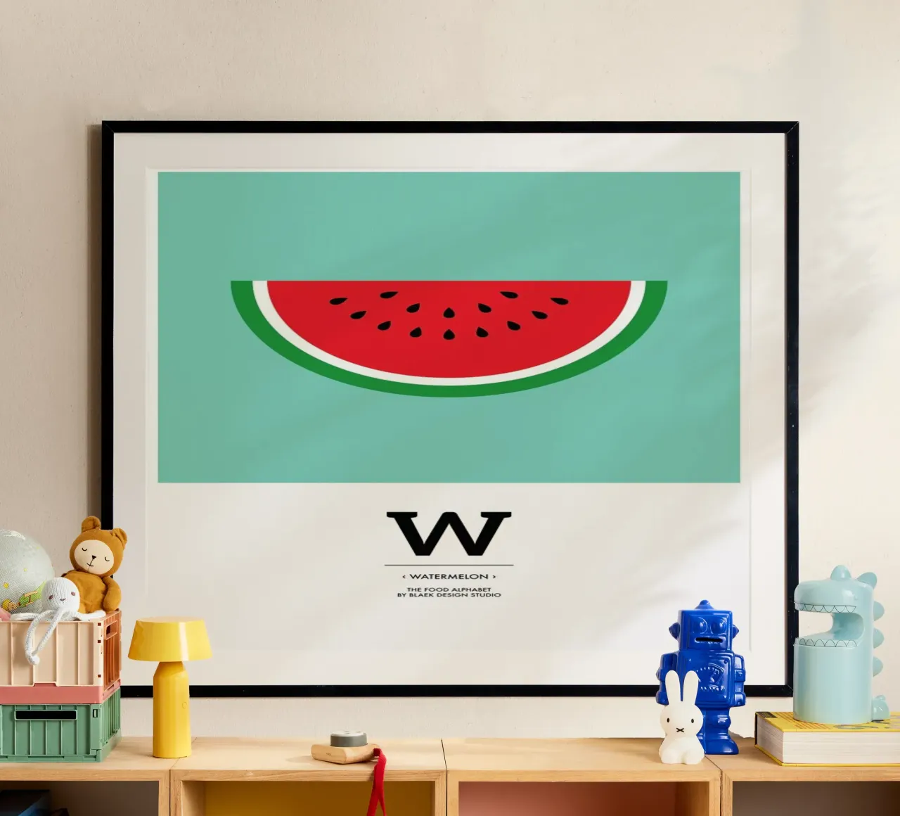 „The Food Alphabet“ - W like Watermelon poster con telaio in plastica da BLAEK Design Studio