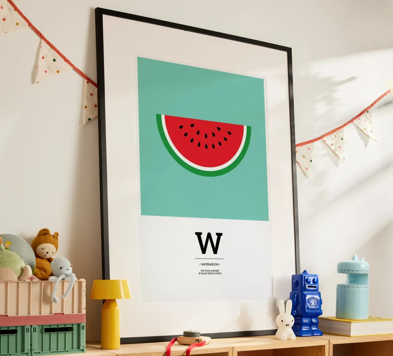„The Food Alphabet“ - W like Watermelon poster con telaio in plastica da BLAEK Design Studio