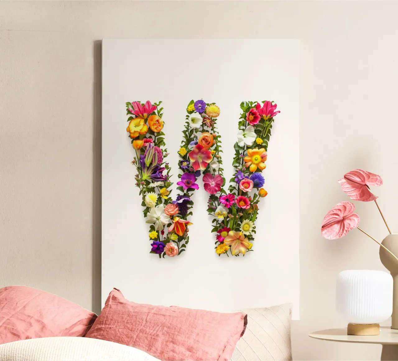 Blumenbuchstabe W Leinwand mit Schattenfugenrahmen von My Tiny Home