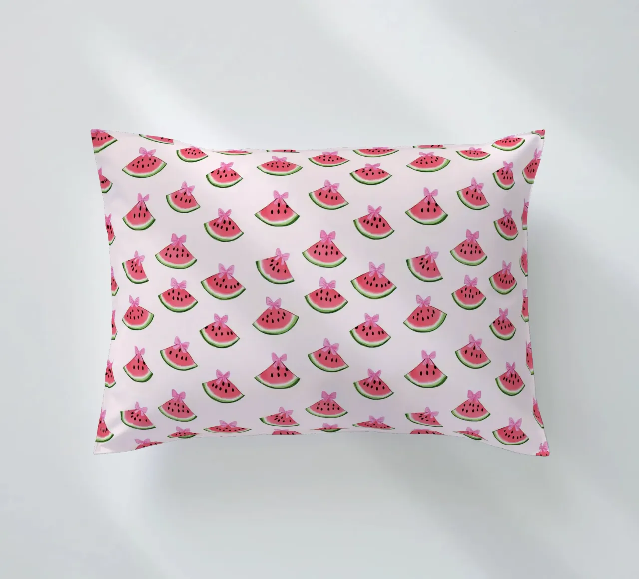 Watermelon Pink Bow Coquette Preppy Summer Fruits Treats decorative cushion by Gentle Echoes Art