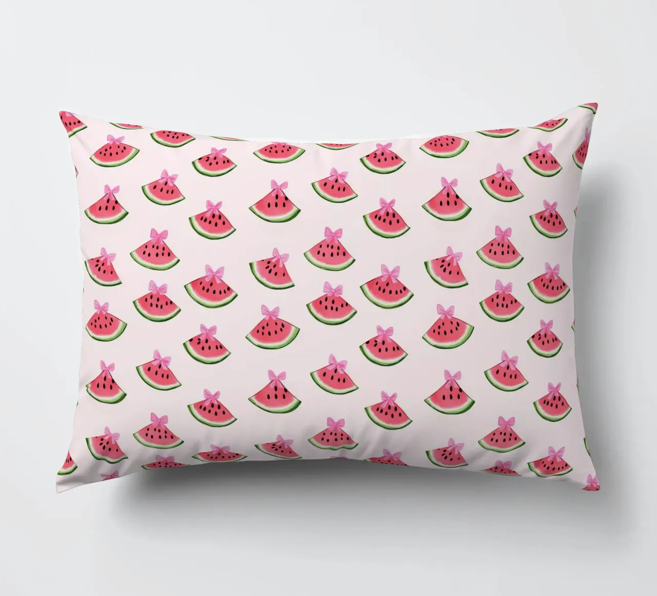 Watermelon Pink Bow Coquette Preppy Summer Fruits Treats decorative cushion by Gentle Echoes Art