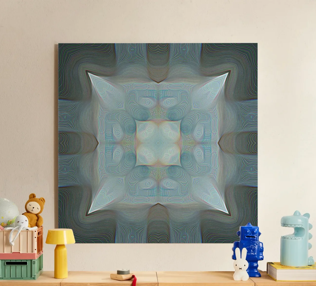 4 hoeken caleidoscoop met lijnen gedessineerde vormen, blauwachtig acryl van Gürsel Yesil Digital Art