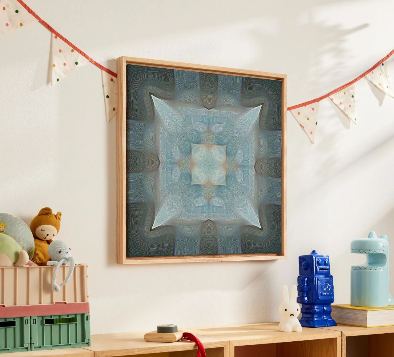 4 corners kaleidoscope with lines patterned shapes, bluish canvas by Gürsel Yesil Digital Art