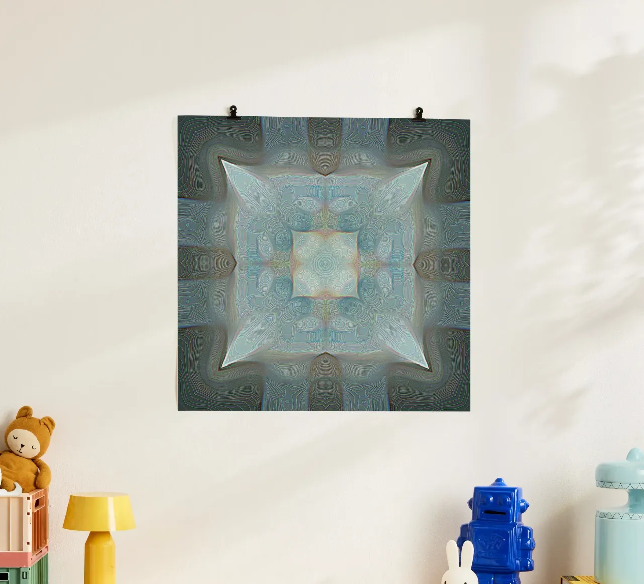 4 Ecken Kaleidoskop mit Linien gemusterte Formen, bläulich Hahnemühle von Gürsel Yesil Digital Art