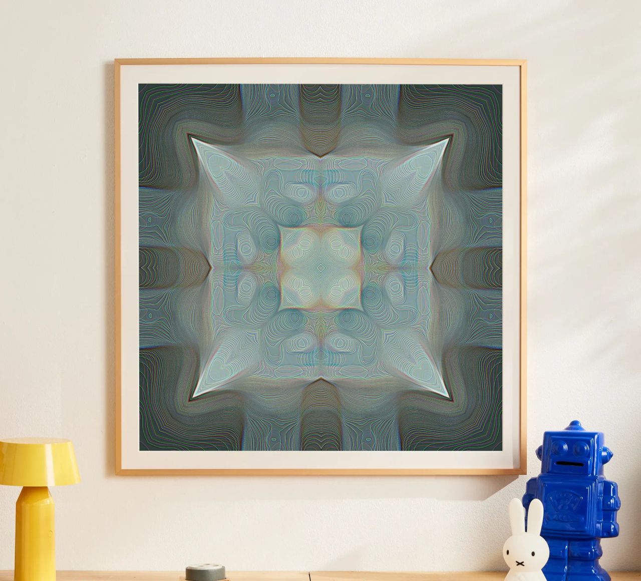 4 Ecken Kaleidoskop mit Linien gemusterte Formen, bläulich Hahnemühle von Gürsel Yesil Digital Art