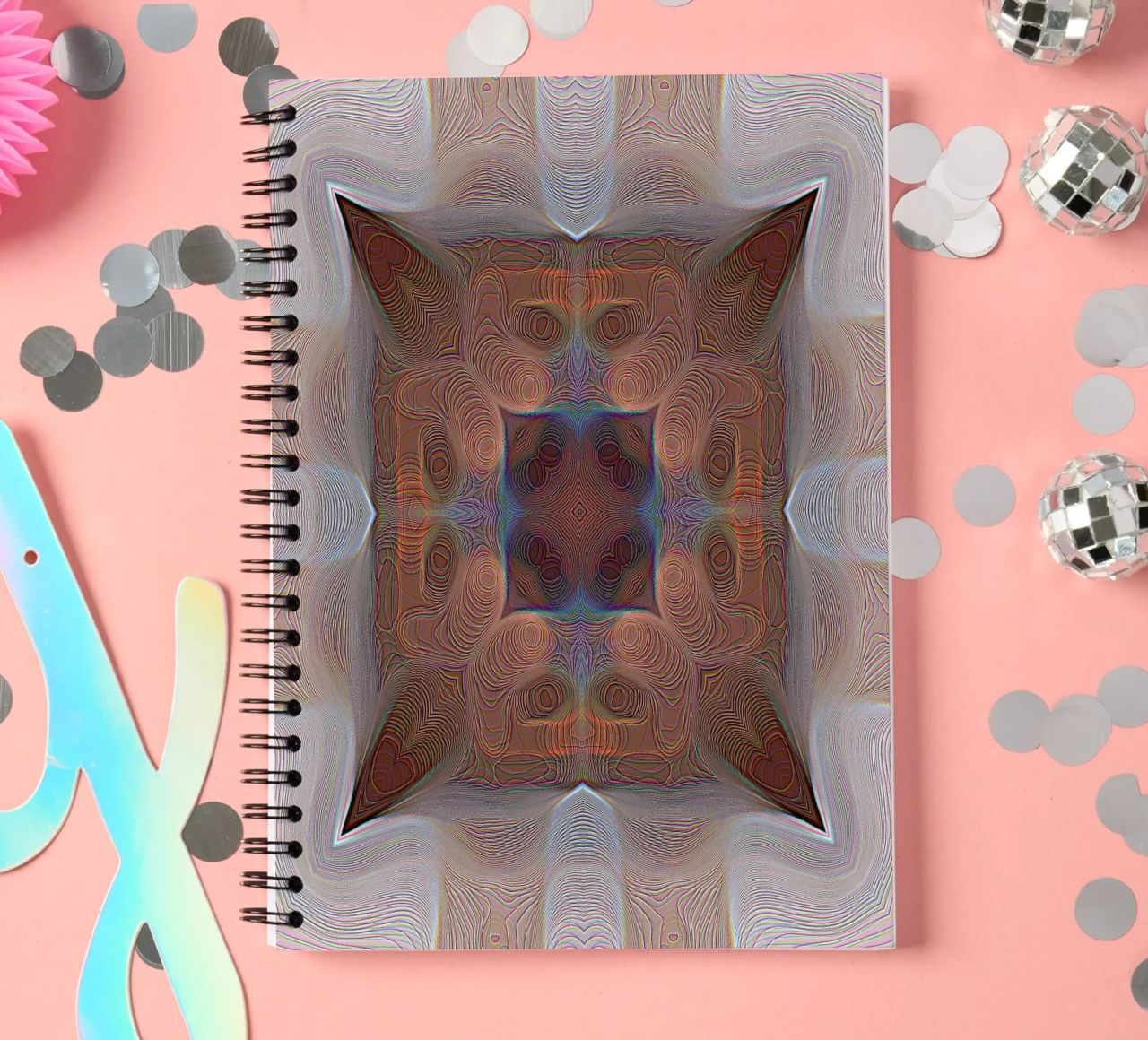 4 corners kaleidoscope with lines patterned shapes in red-brown spiral notebook by Gürsel Yesil Digital Art