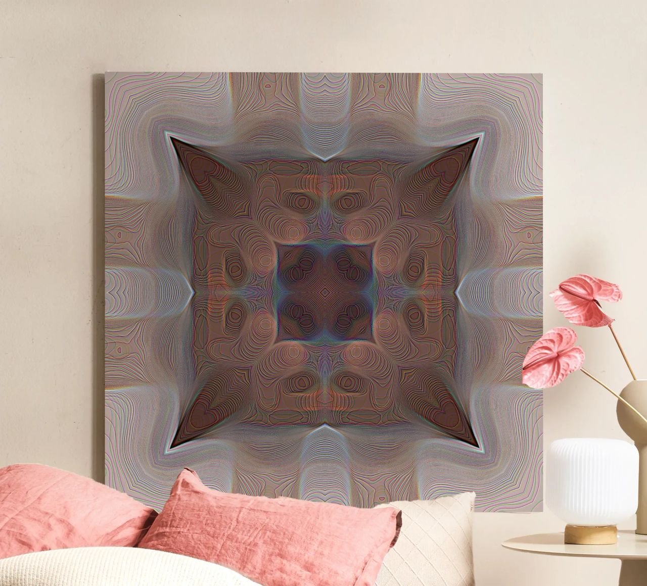 4 corners kaleidoscope with lines patterned shapes in red-brown canvas by Gürsel Yesil Digital Art