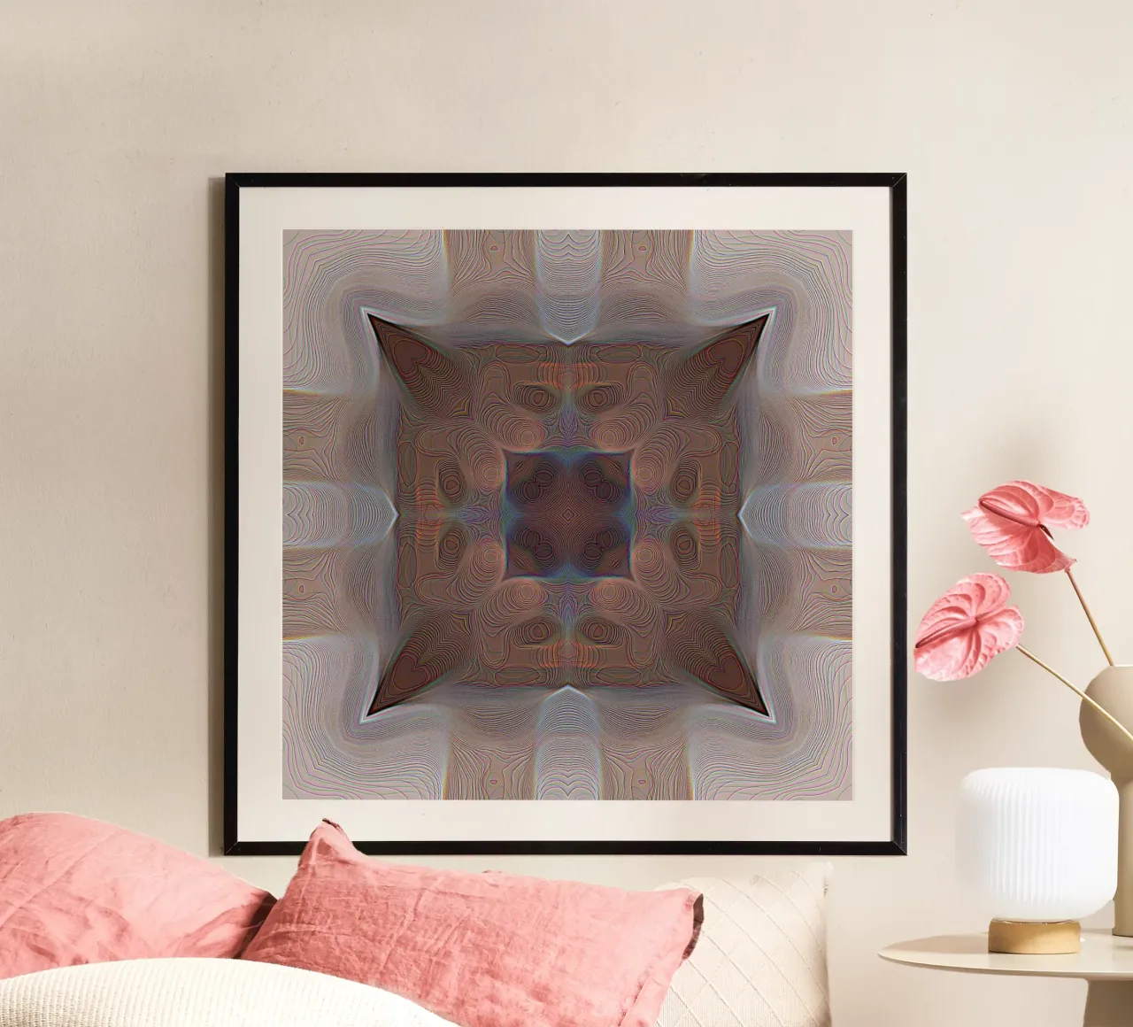 4 coins kaléidoscope avec lignes formes à motifs en rouge-brun poster avec cadre en plastique de Gürsel Yesil Digital Art