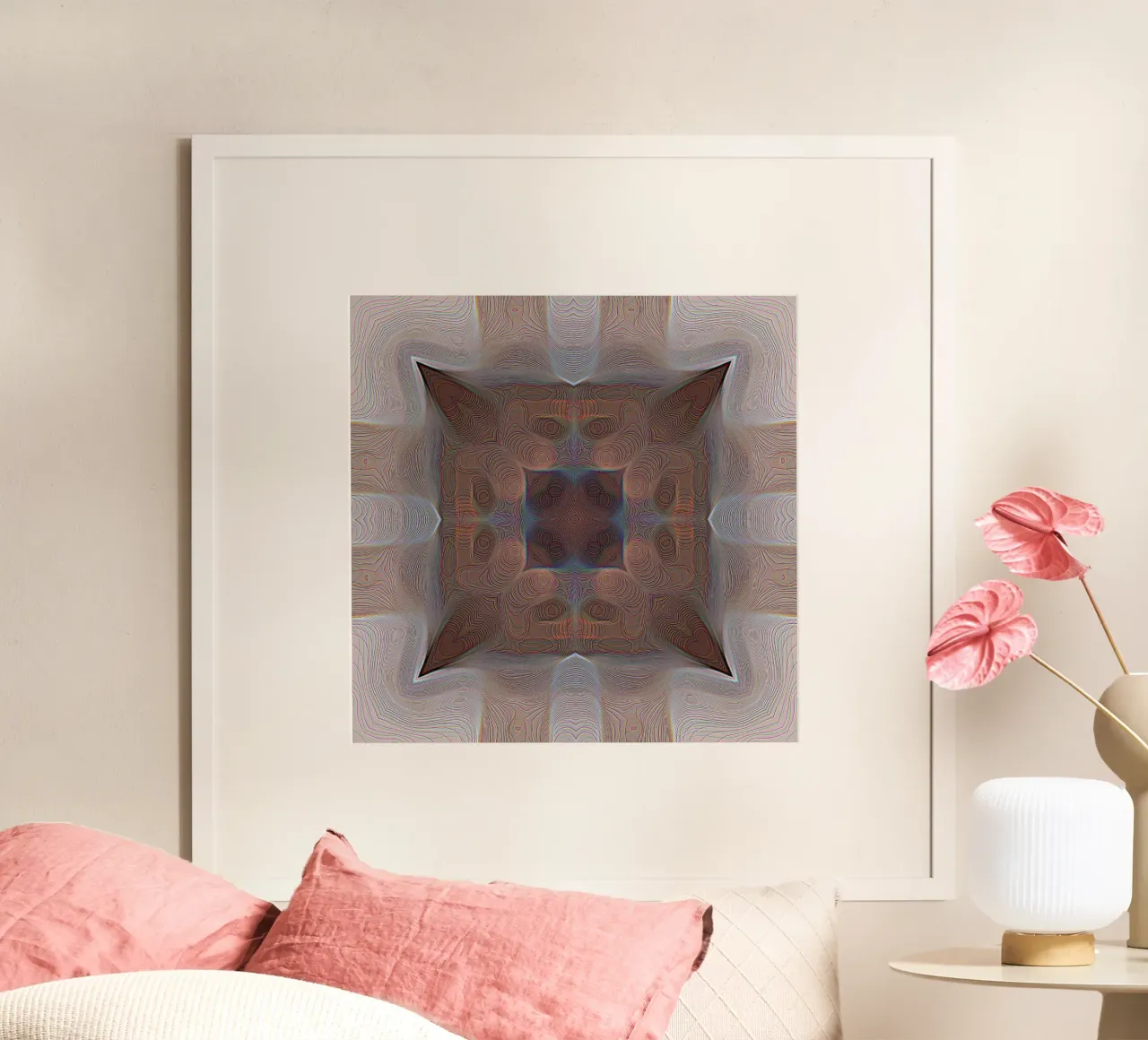 4 Ecken Kaleidoskop mit Linien gemusterte Formen in rotbraun Hahnemühle von Gürsel Yesil Digital Art