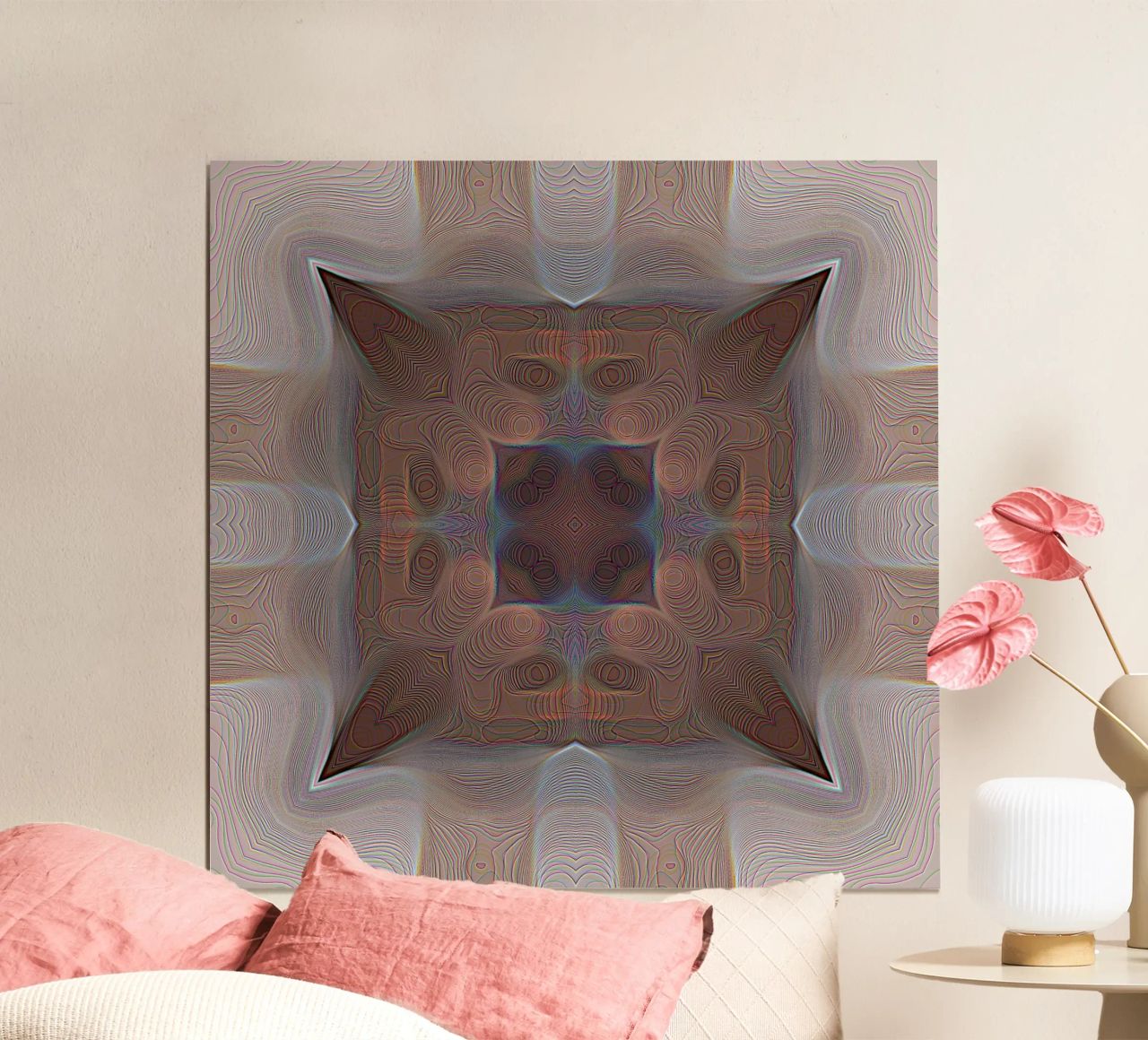 4 Ecken Kaleidoskop mit Linien gemusterte Formen in rotbraun Hahnemühle von Gürsel Yesil Digital Art