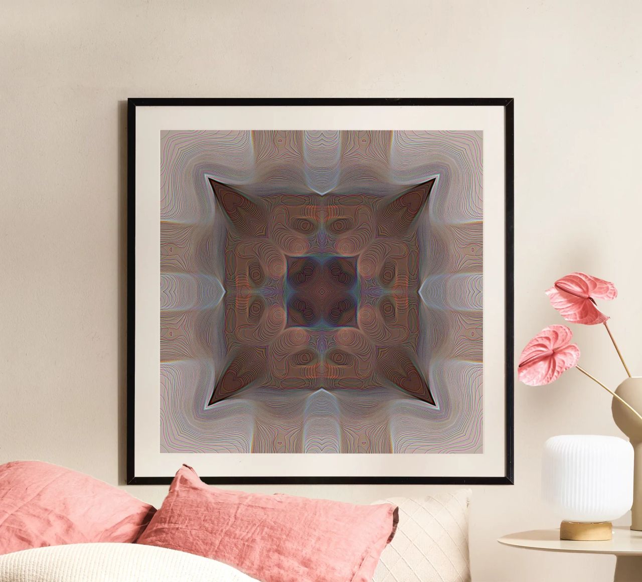 4 Ecken Kaleidoskop mit Linien gemusterte Formen in rotbraun Hahnemühle von Gürsel Yesil Digital Art