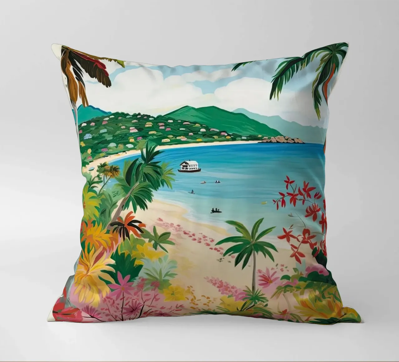 Half Moon Bay, Antigua, Matisse And Rousseau Style cuscino da Trending Art Company