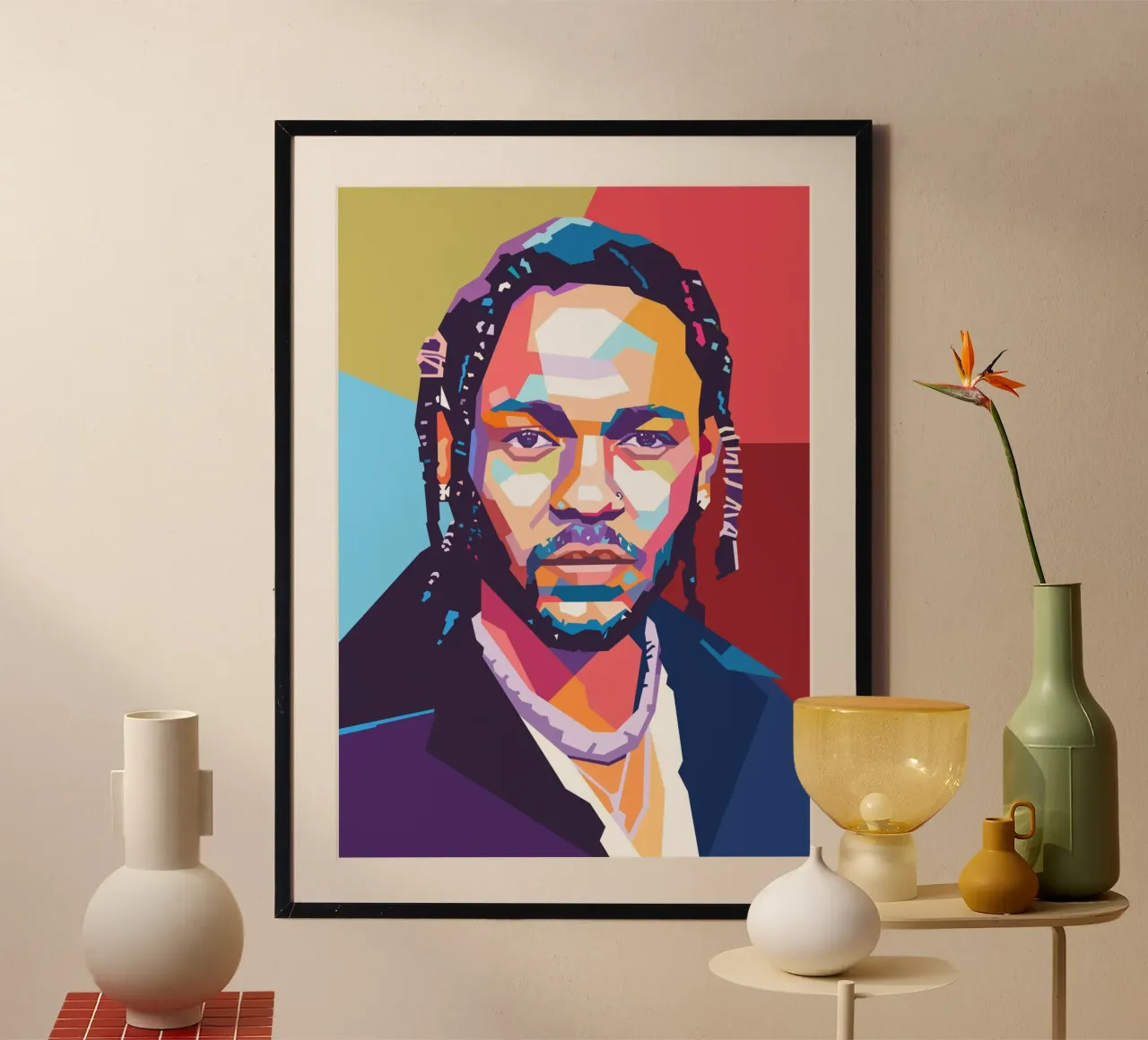Ritratto pop art di Kendrick Lamar poster con telaio in plastica da Hantamrata