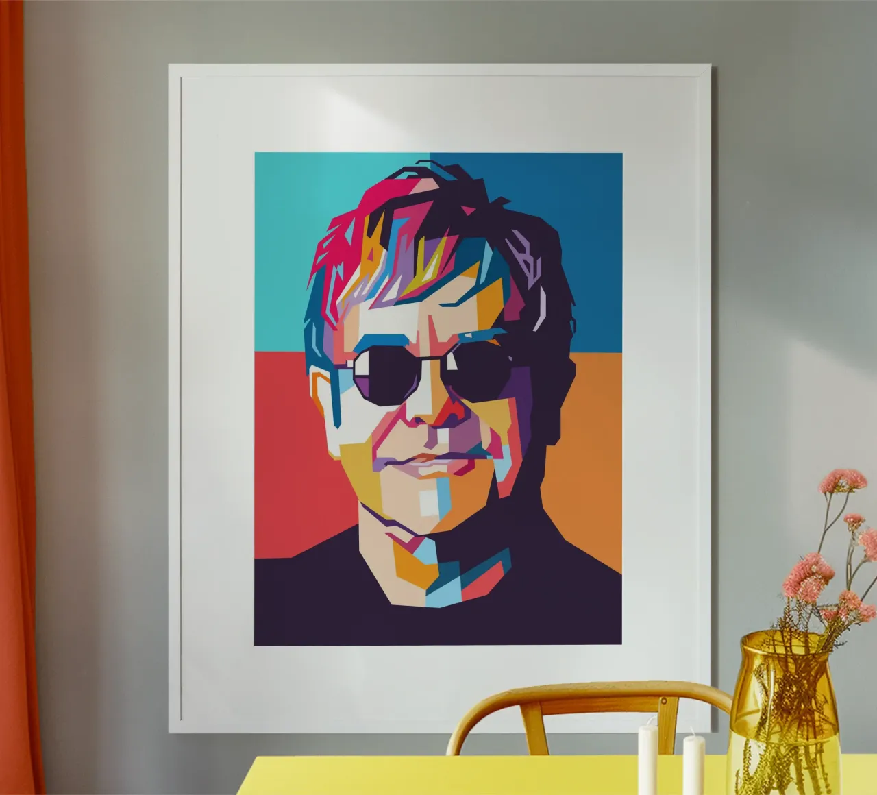 Ritratto pop art colorato di Elton John poster con telaio in alluminio da Hantamrata