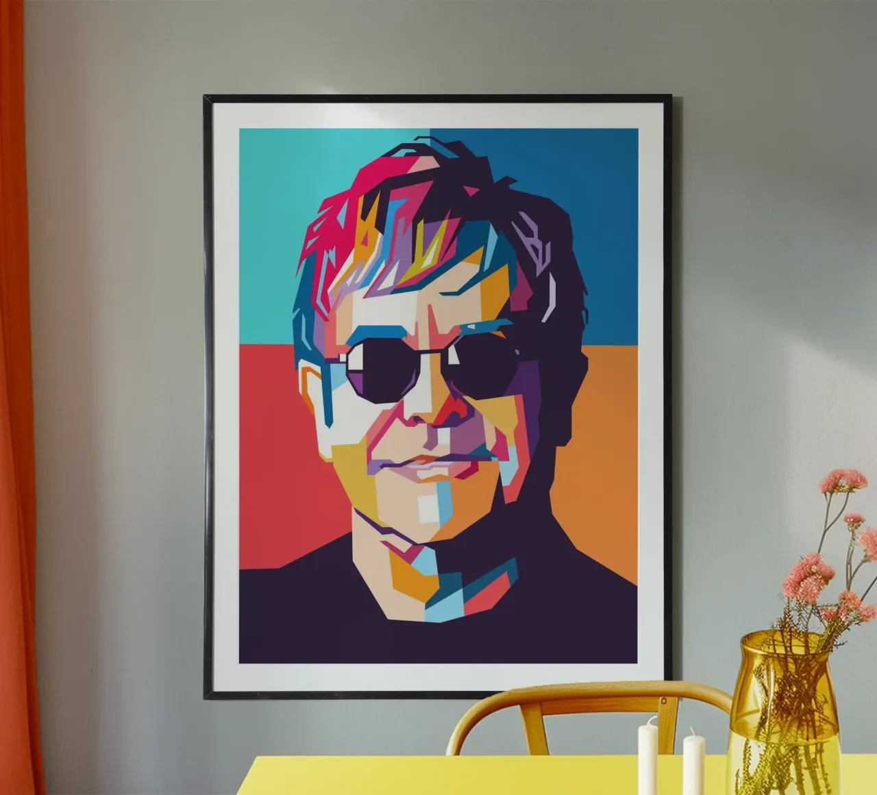 Ritratto pop art colorato di Elton John poster con telaio in alluminio da Hantamrata