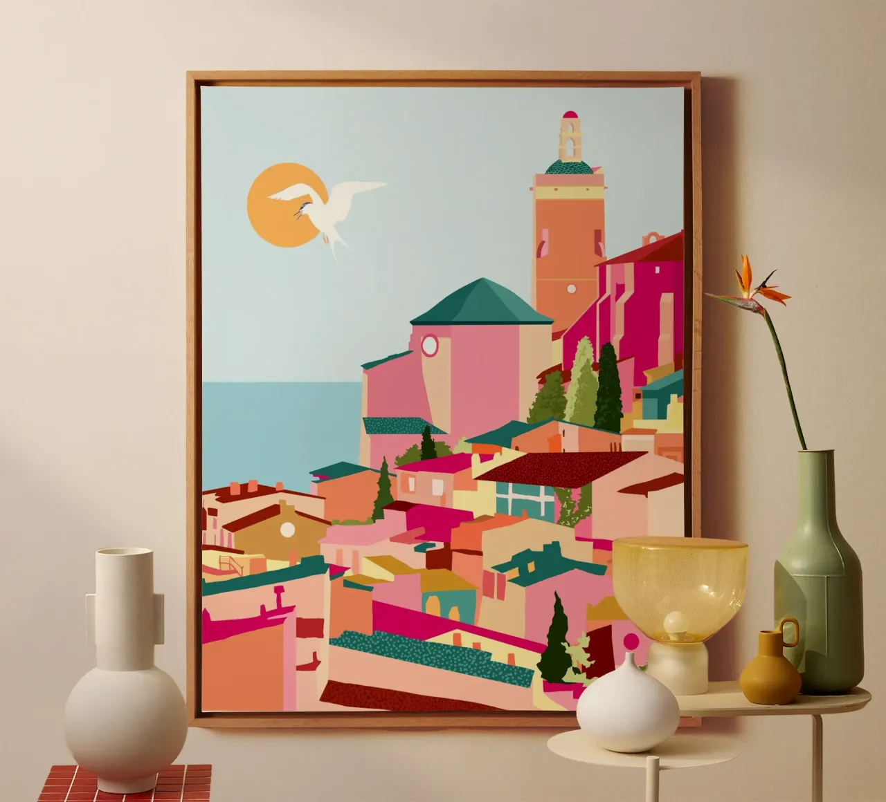 Crimson Rouge Architectuur Griekenland Reizen Roze Gebouwen canvas met Baklijst van 83oranges