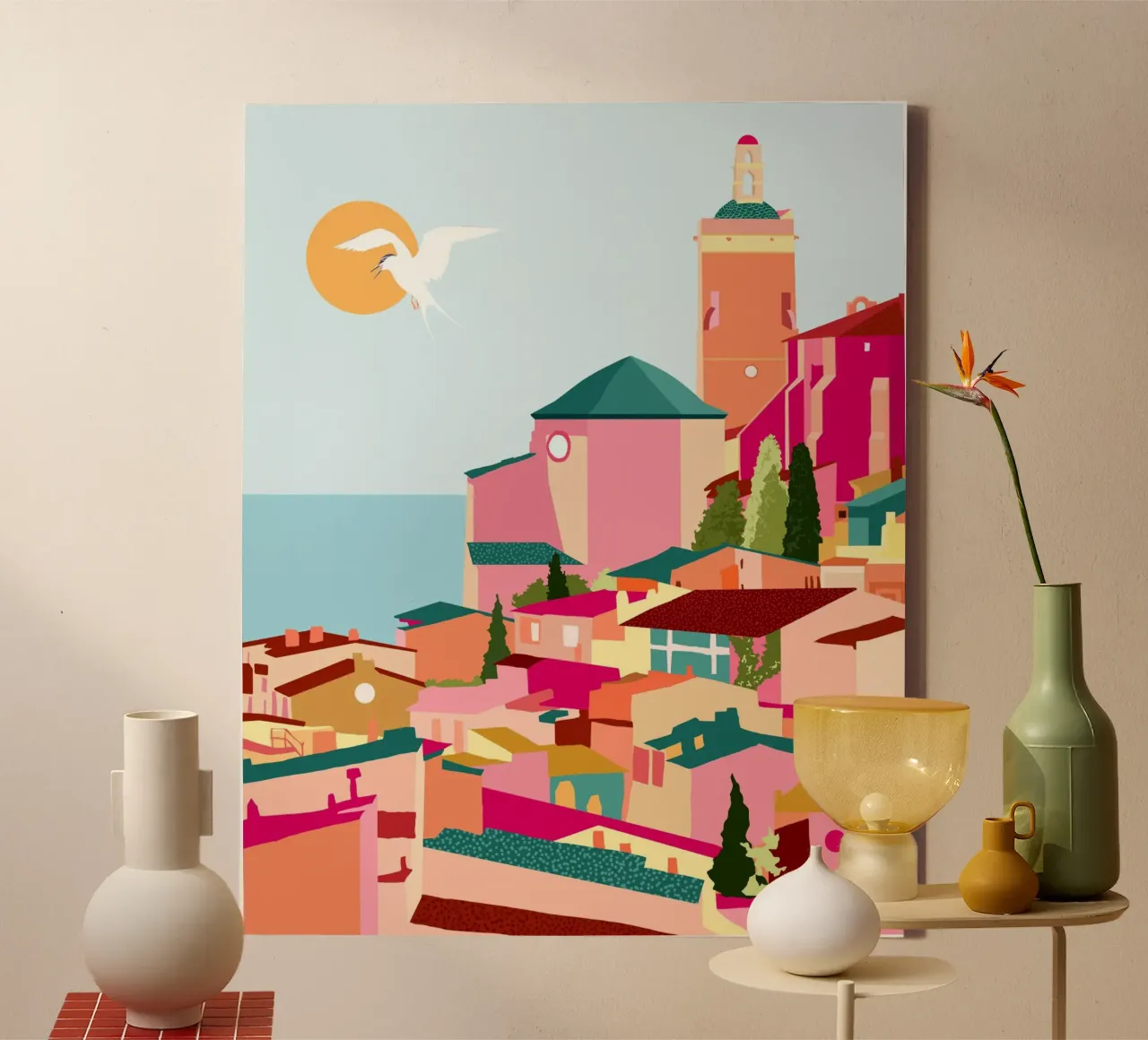 Crimson Rouge Architectuur Griekenland Reizen Roze Gebouwen canvas met Baklijst van 83oranges