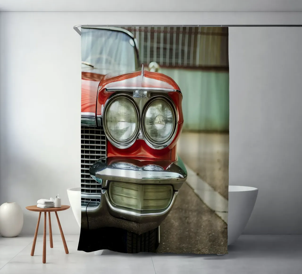 Rote Oldtimer-Front Duschvorhang von CAR EDITION