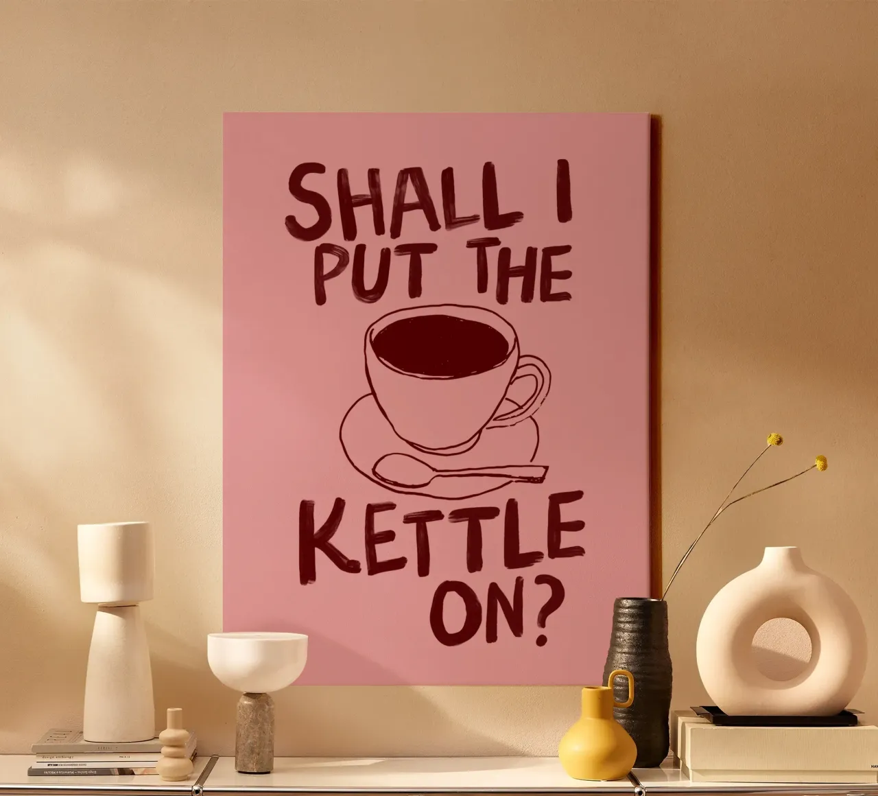 Shall I Put the Kettle On Accoglienti bevitori di tè Typografie tela con Cornice a cassetta da THE MOTIVATED TYPE