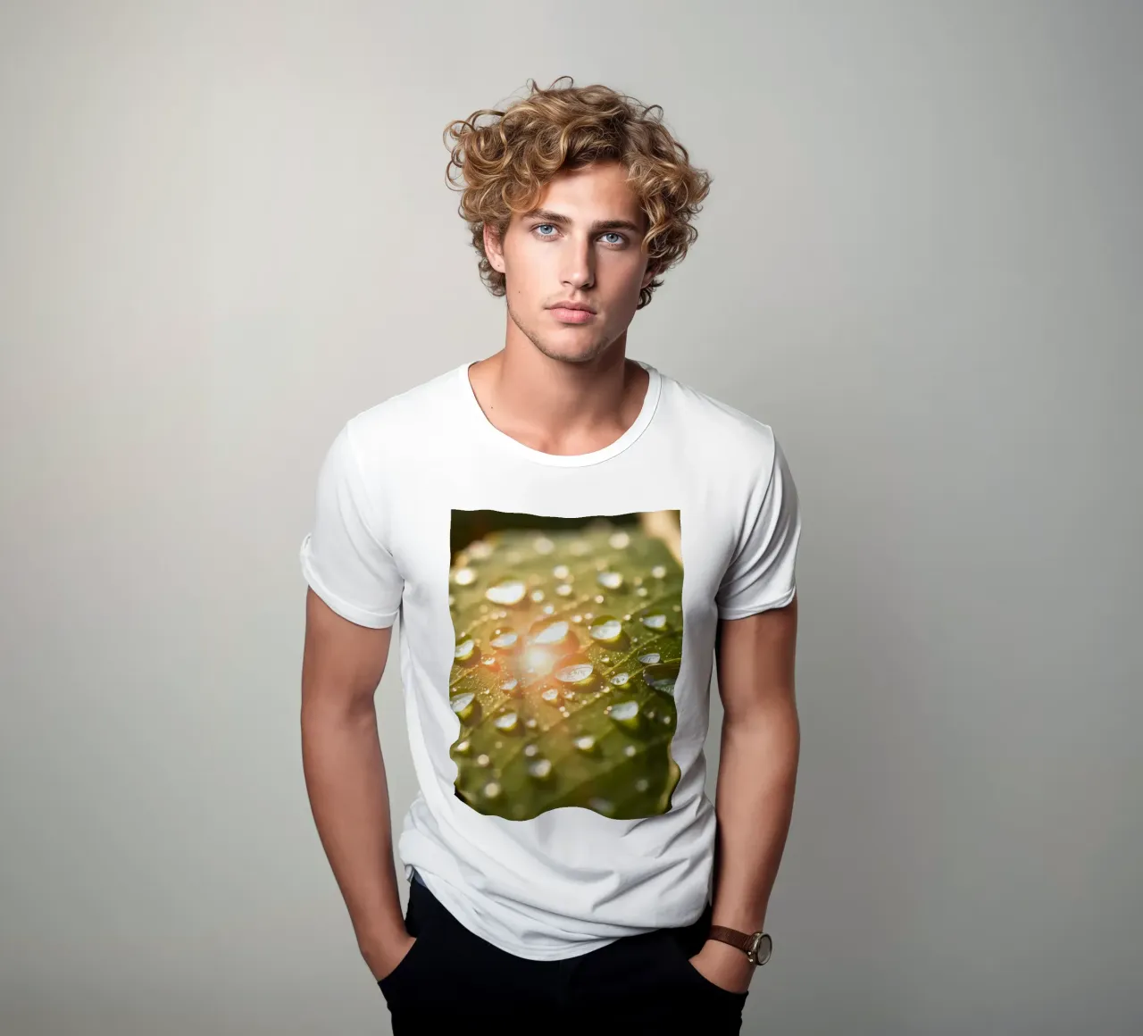 La rugiada mattutina luccica su una foglia verde mentre la luce del sole si infrange t-shirt da DesignDoodle
