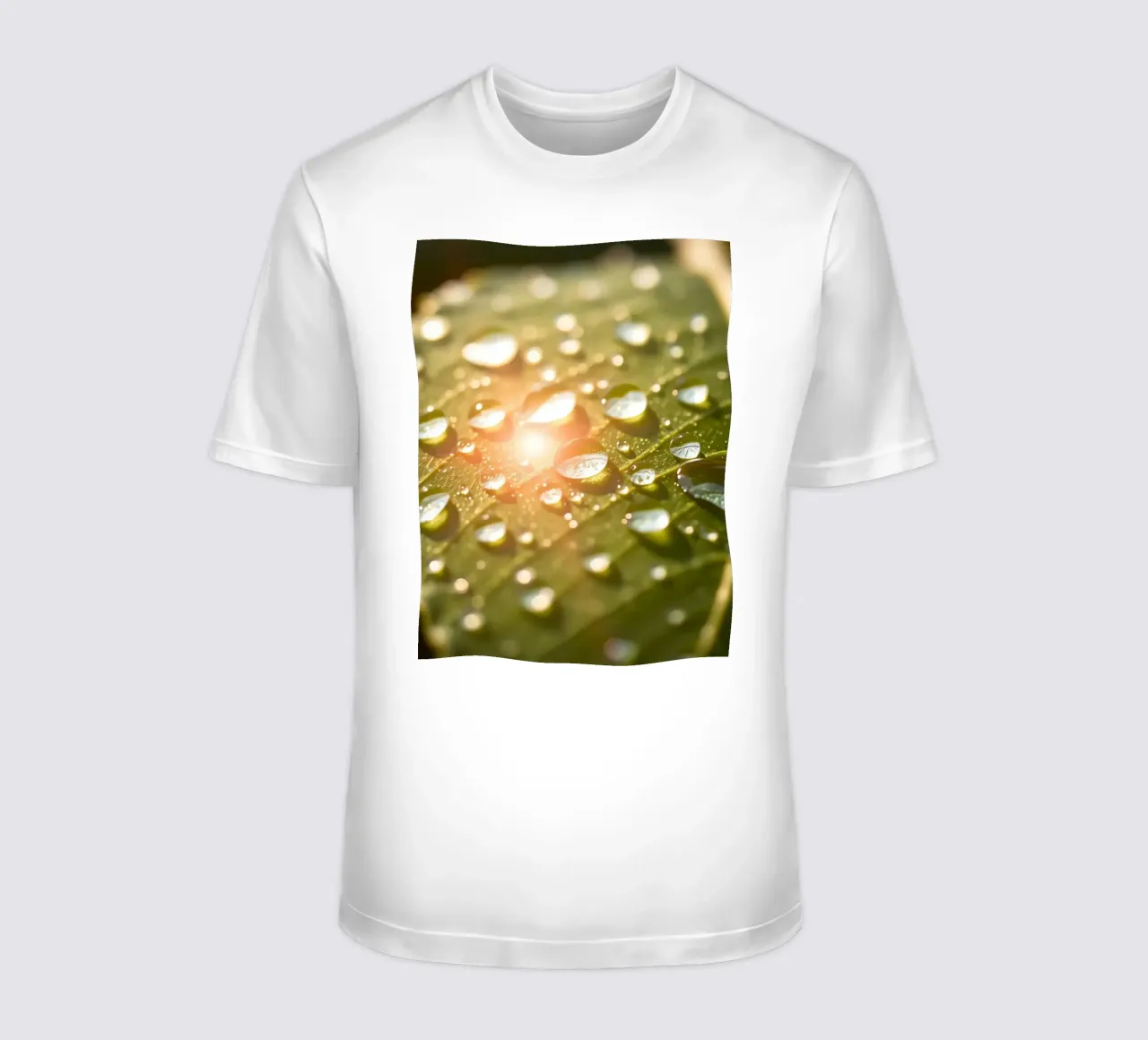 La rugiada mattutina luccica su una foglia verde mentre la luce del sole si infrange t-shirt da DesignDoodle