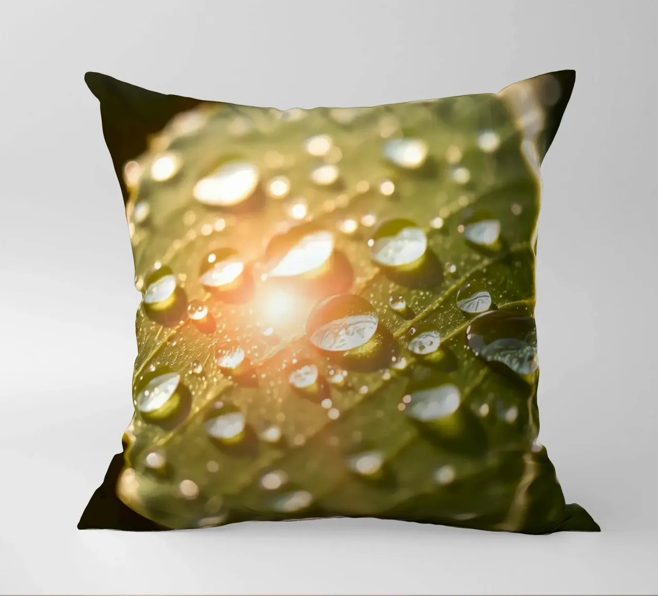 La rugiada mattutina luccica su una foglia verde mentre la luce del sole si infrange cuscino da DesignDoodle