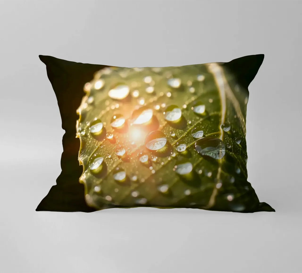 La rugiada mattutina luccica su una foglia verde mentre la luce del sole si infrange cuscino da DesignDoodle